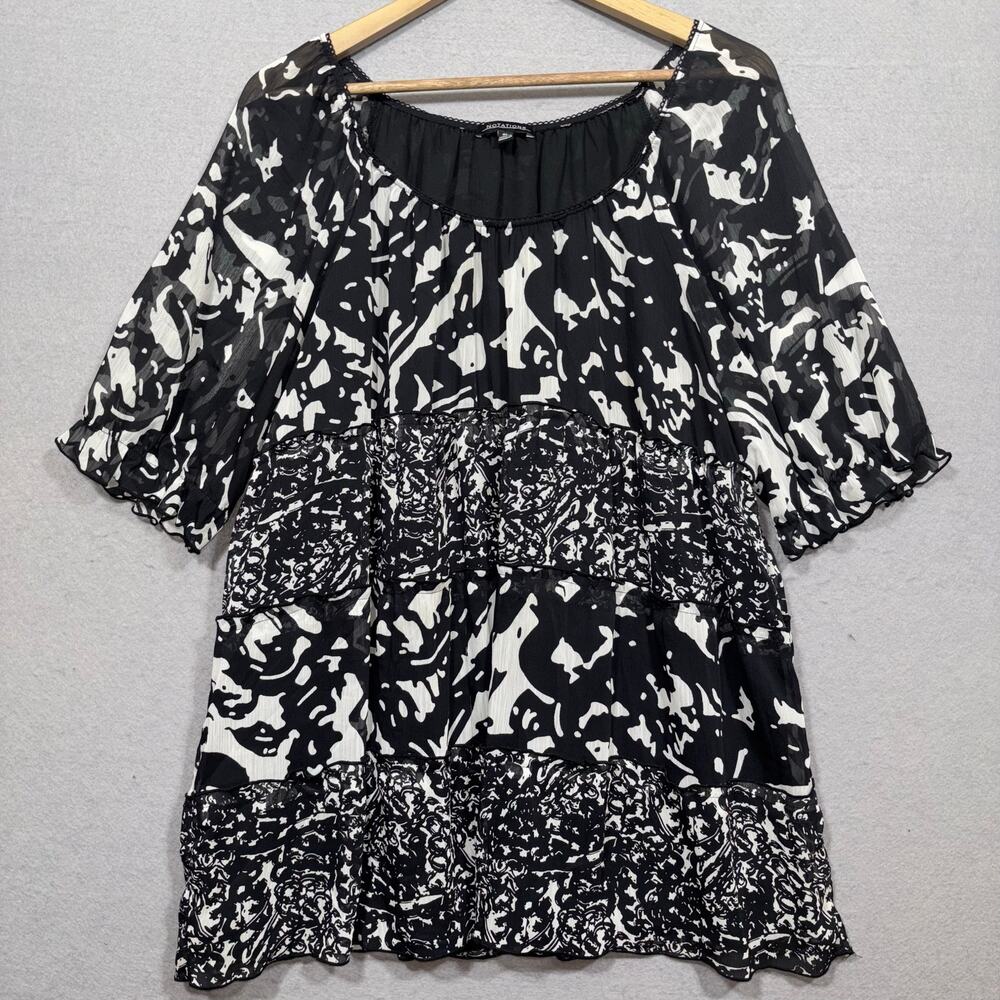 Notations Tiered Abstract Pattern Tunic Blouse XL Plus Black‎ White Flowy Boho